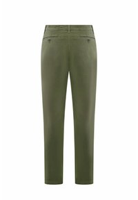 Pantaloni verde oliva a vestibilità slim, con tasche posteriori con chiusura a bottone e un tessuto liscio e testurizzato.