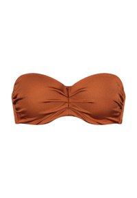 Top bikini a bandeau marrone realizzato in tessuto liscio, con dettaglio centrale arricciato e design senza cuciture. Nessuna chiusura o traccia visibile.