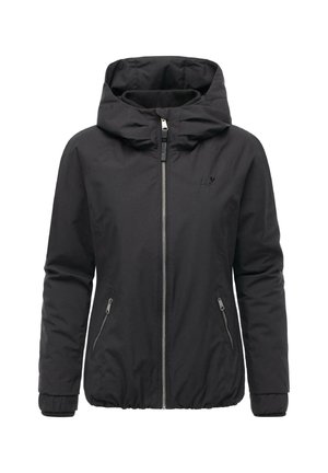 Veste à capuche noire avec zip frontal, poches latérales zippées, ourlet élastique et logo subtil sur la poitrine.