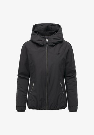 Black hooded jacket with front zipper, zippered side pockets, elastic hem, and subtle logo on the chest.