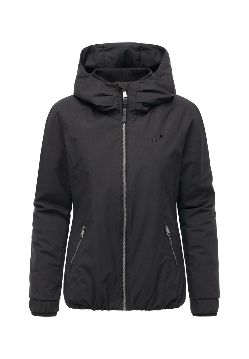 Czarna kurtka z kapturem, z zamkiem z przodu, zamykanymi kieszeniami bocznymi, elastycznym dołem oraz subtelnym logo na piersi.