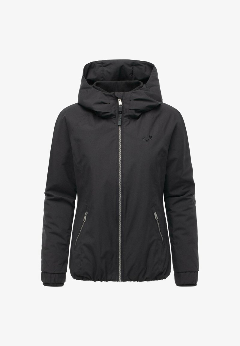 Czarna kurtka z kapturem, z zamkiem z przodu, zamykanymi kieszeniami bocznymi, elastycznym dołem oraz subtelnym logo na piersi.