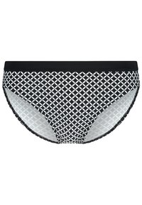 Fundo de bikini preto e branco com padrão, apresentando um design geométrico, cintura elástica e tecido macio para conforto.