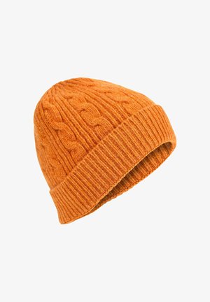 Orange knitted beanie hat featuring a textured cable pattern and a ribbed cuff. Made of wool for warmth and comfort.
