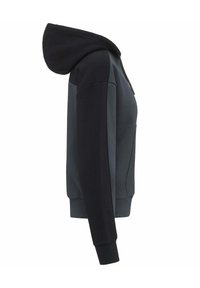 Felpa con cappuccio in grigio scuro e nero, con zip, polsini a costina e una consistenza morbida. La vista laterale mette in evidenza il design aderente.