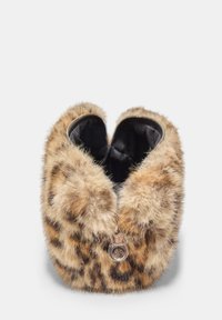 Faux fur leopard print pouch with soft texture, brown and tan colors, rounded shape, and silver zipper hardware with accent details.