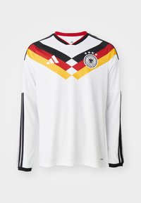 Vit tyskalångärmad fotbollströja med svart, rött och gult chevronmönster, Adidas-logotyp och Tyska fotbollsförbundets emblem.