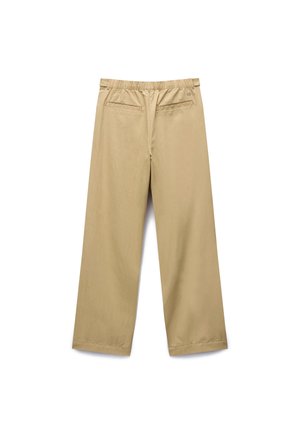 Beżowe spodnie o szerokich nogawkach z elastycznym pasem i dwiema kieszeniami z tyłu, pokazane na płasko na białym tle.