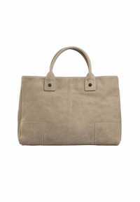 Beige lederen schoudertas met dubbele handvatten, eenvoudig rechthoekig ontwerp, dubbele stiksels en zijvakken. Zachte textuur, minimalistische stijl.