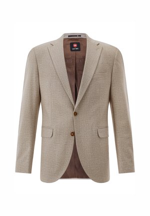 Beiger Herren-Einreiher-Blazer mit zwei braunen Knöpfen, Revers mit Kerbkragen, Pattentaschen und braunem Innenfutter mit der Marke "Club of Gents".