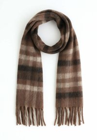 Sciarpa a scacchi marrone realizzata in un tessuto morbido, caratterizzata da strisce marrone chiaro e scuro, con estremità frangiate per un tocco di texture.