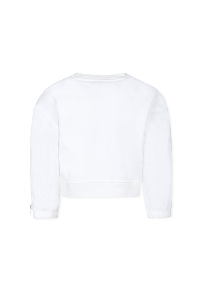 Felpa bianca corta realizzata in morbido misto cotone. Presenta maniche lunghe con polsini elastici e un design semplice e pulito. Nessun motivo visibile.