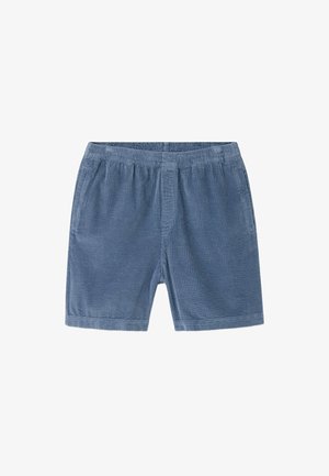 Modré manšestrové šortky s elastickým pásom a bočnými vreckami, zobrazené na rovnú na bielom pozadí.