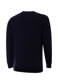 Navy blauwe sweatshirt met lange mouwen, gemaakt van zachte stof, heeft een geribde halslijn en manchetten, met een strakke, minimalistische stijl.