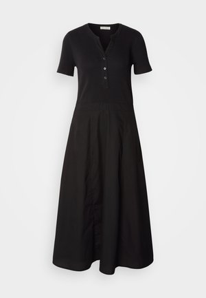 Abito nero con maniche corte, busto a coste e scollatura con bottoni. Design a gonnellina svasata, texture liscia, lunghezza al ginocchio.
