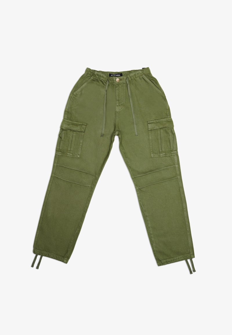 Pantalons cargo vert olive en tissu léger, dotés d'une taille élastique, de cordons de serrage et de plusieurs poches latérales.