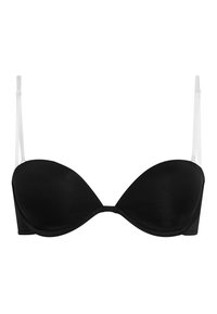 Zwarte push-up beha met gevormde cups, gladde textuur en verstelbare witte banden. Heeft een naadloos ontwerp dat geschikt is voor onder kleding.