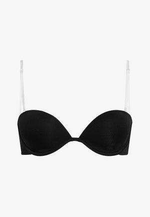 Sujetador negro con aros y copas moldeadas, textura suave y tirantes blancos ajustables. Presenta un diseño sin costuras, adecuado para llevar bajo la ropa.