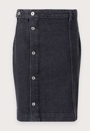 Dunkelblaumeliertes Rock im geraden Schnitt, silberne Druckknöpfe entlang der Vorderseite und dezente Nähte entlang der Taschen.