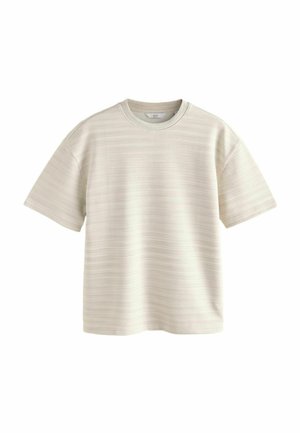 Helles beige T-Shirt mit kurzen Ärmeln aus strukturiertem Stoff mit dezenten horizontalen Streifen und rundem Halsausschnitt.