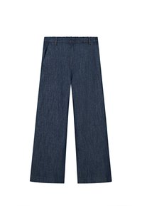 Dunkelblaue Jeanshose mit weitem Bein, verstellbarem Bund, Gürtelschlaufen und Seitentaschen.