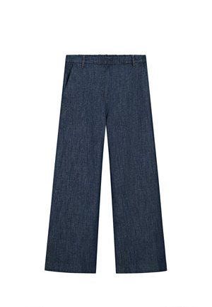 Donkerblauwe denim broek met wijde pijpen, verstelbare taille, riemlussen en zijzakken.