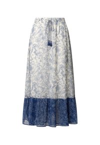 En lång kjol med blommönster i vitt och blått, med en insydd midja som har snörning och fransar, samt en blå spetsdetalj vid nederkanten.