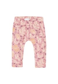 Roze leggings met een herhaald dieren- en loofpatroon in roomwit en paars. Elastische tailleband en van een zachte, rekbare stof.