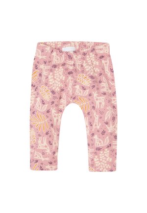 Pink leggings with a repeated animal and foliage pattern in cream and purple. Elastic waistband with a soft, stretchy fabric.