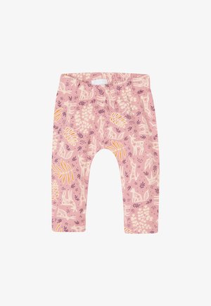 Leggings roses avec un motif animal et de feuillage répété en crème et violet. Taille élastique avec un tissu doux et extensible.