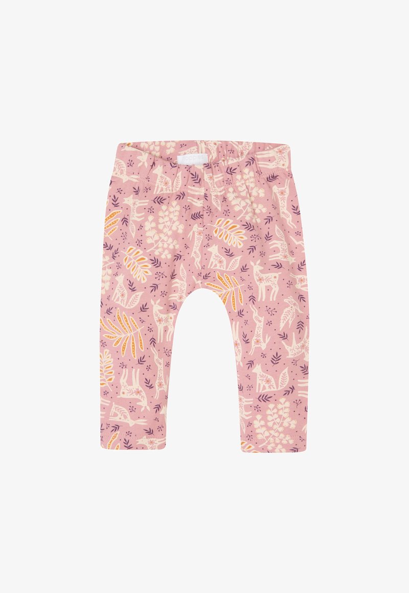 Różowe legginsy z powtarzającym się wzorem zwierząt i liści w kolorze kremowym i fioletowym. Elastyczny pas ze miękkiego, elastycznego materiału.