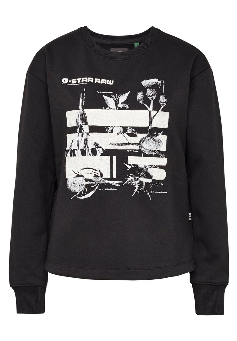 Sweatshirt noir en coton avec un imprimé graphique blanc de plantes et de fleurs, col rond, manches longues et poignets côtelés.