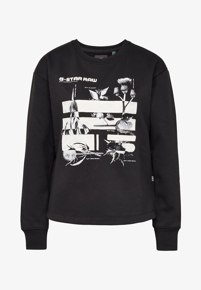 Sweatshirt noir en coton avec un imprimé graphique blanc de plantes et de fleurs, col rond, manches longues et poignets côtelés.