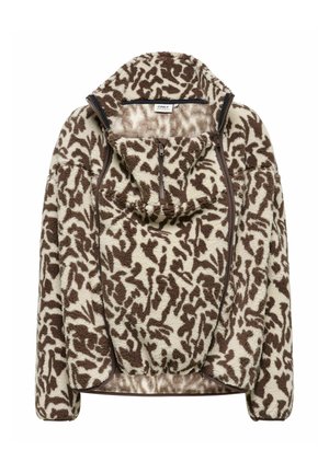 Veste polaire marron et crème à motifs, col montant, demi-fermeture éclair avant et panneaux latéraux zippés, posée à plat sur fond blanc.