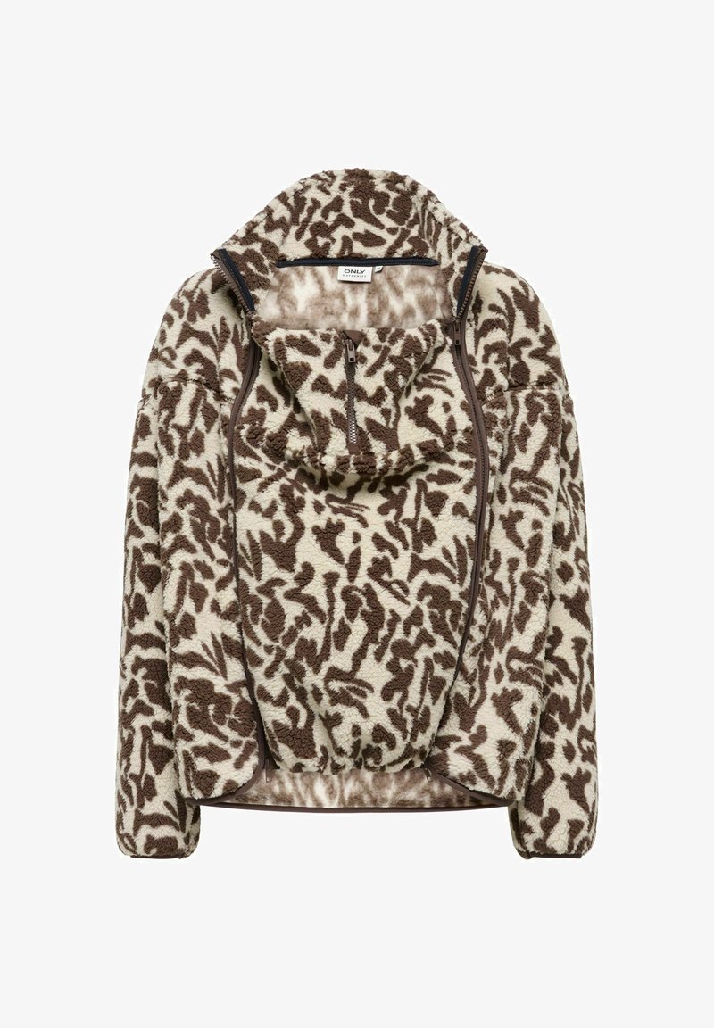 Veste polaire marron et crème à motifs, col montant, demi-fermeture éclair avant et panneaux latéraux zippés, posée à plat sur fond blanc.