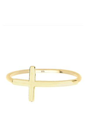 Goldring mit einfachem Kreuzdesign auf der Vorderseite. Der Ring ist glatt und rund, mit einem Stempel, der die Goldreinheit anzeigt.