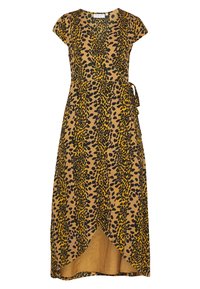 Robe midi cache-cœur à manches courtes avec imprimé léopard marron et noir et détail noué sur le côté sur fond blanc.