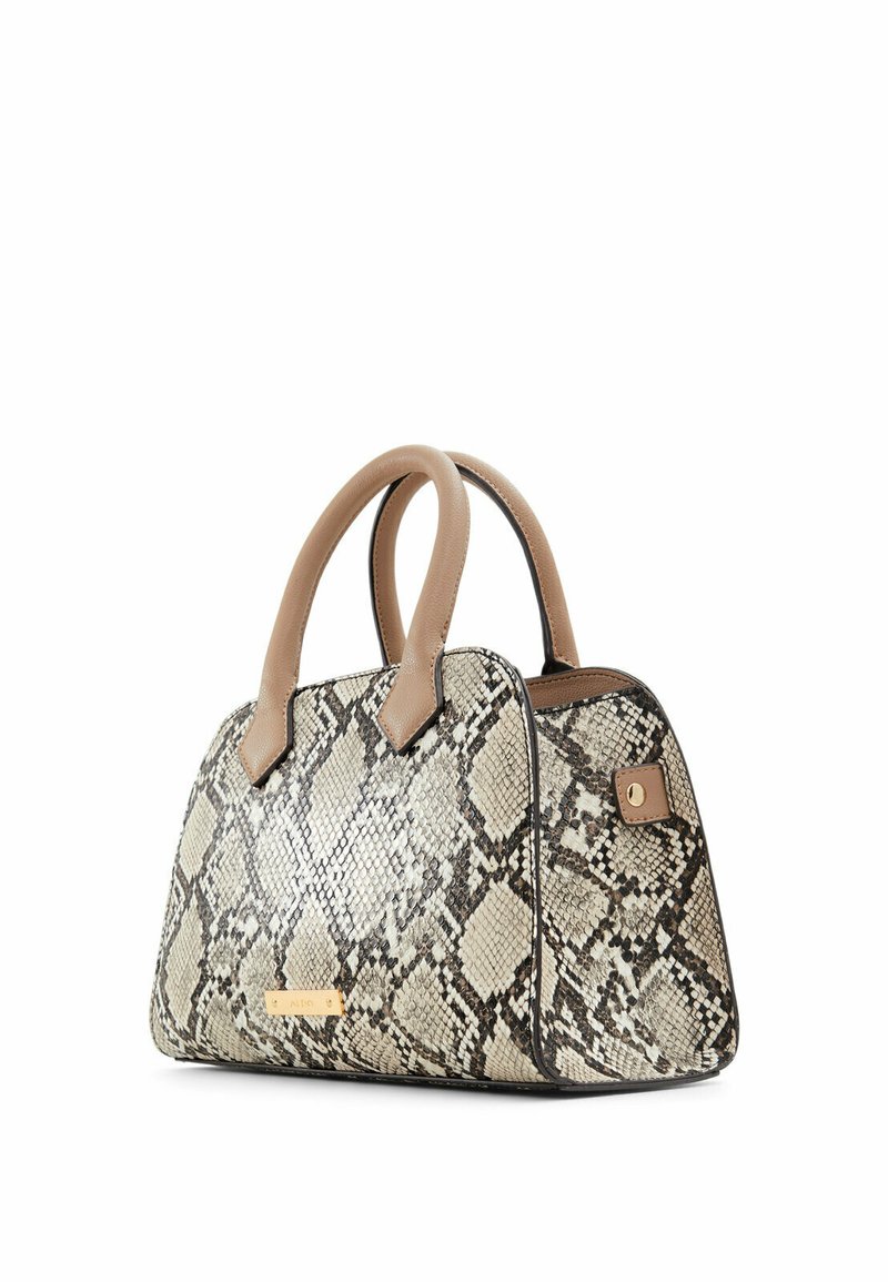 Petit sac à main avec un motif en cuir de serpent beige et noir et des poignées lisses couleur tan, de forme rectangulaire, et une plaque logo en métal doré.