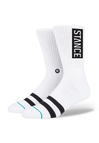 White socks with ribbed texture, featuring a black "STANCE" logo and two black stripes at the cuff, accented by a turquoise line.