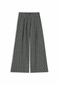 Hochtaillierte, weit geschnittene Hosen im schwarzen und weißen Fischgrätmuster, mit Falten und einer glatten Stoffoberfläche.