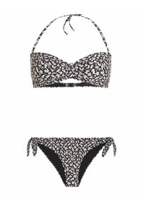 Zwart bloemen bikini set met een gevoerde bandeau top met verstelbare strik en een low-rise onderkant met zijstrikjes. Bloemenpatroon op een donkere achtergrond.