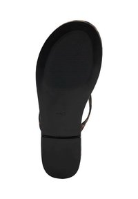Black sole of a sandal featuring a textured pattern, smooth finish, and a slight curvature near the heel, with a brown strap on the side.