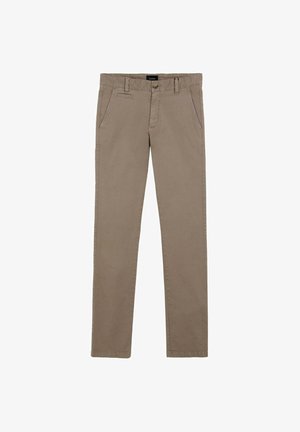 Chinos beige con un diseño de pierna recta, hechos de algodón. Presentan bolsillos delanteros, cremallera y un solo botón de cierre en la cintura.