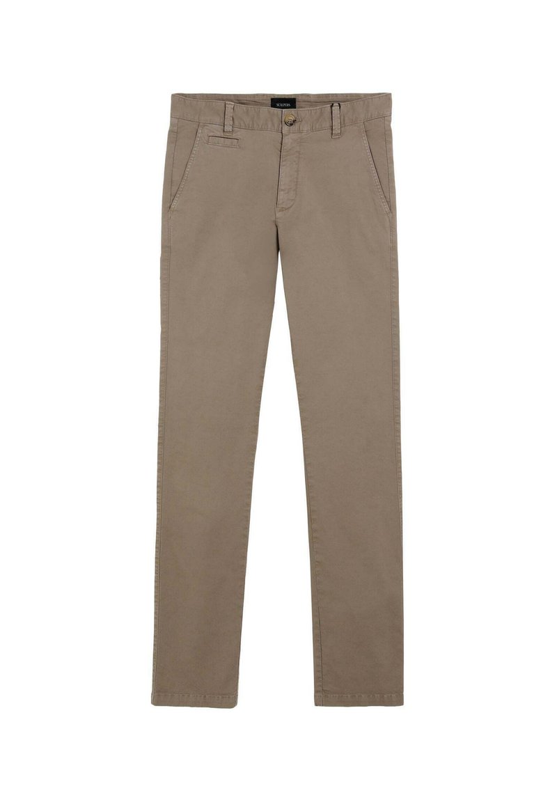 Chinos beige con un diseño de pierna recta, hechos de algodón. Presentan bolsillos delanteros, cremallera y un solo botón de cierre en la cintura.