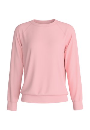 Roze sweatshirt met lange raglanmouwen, ronde hals, ribgebreide manchetten en boord. Zachte stof, relaxte pasvorm, minimalistisch ontwerp zonder patronen.
