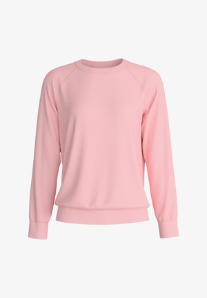 Roze sweatshirt met lange raglanmouwen, ronde hals, ribgebreide manchetten en boord. Zachte stof, relaxte pasvorm, minimalistisch ontwerp zonder patronen.