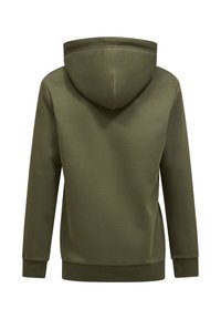 Kapucňová mikina v olivovo zelenej farbe, vyrobená z hladkej tkaniny. Má voľný strih, rebrované manžety a minimalistický dizajn bez vzorov.