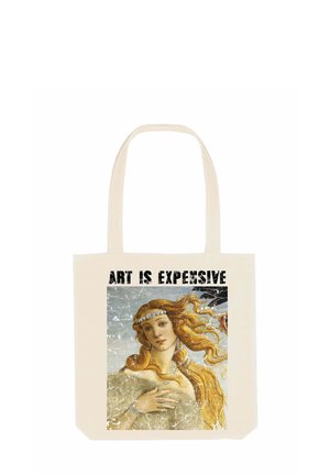 Borsa in tela con stampa di un'opera d'arte classica raffigurante una donna dai capelli dorati, sfondo grigio e la scritta "L'ARTE È COSTOSA" in bold nero.