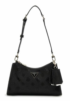 Sac à main noir en simili cuir texturé, doté d'une sangle réglable, d'une fermeture éclair argentée et d'un accent logo. Comprend une petite pochette amovible.