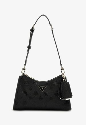 Sac à main noir en simili cuir texturé, doté d'une sangle réglable, d'une fermeture éclair argentée et d'un accent logo. Comprend une petite pochette amovible.